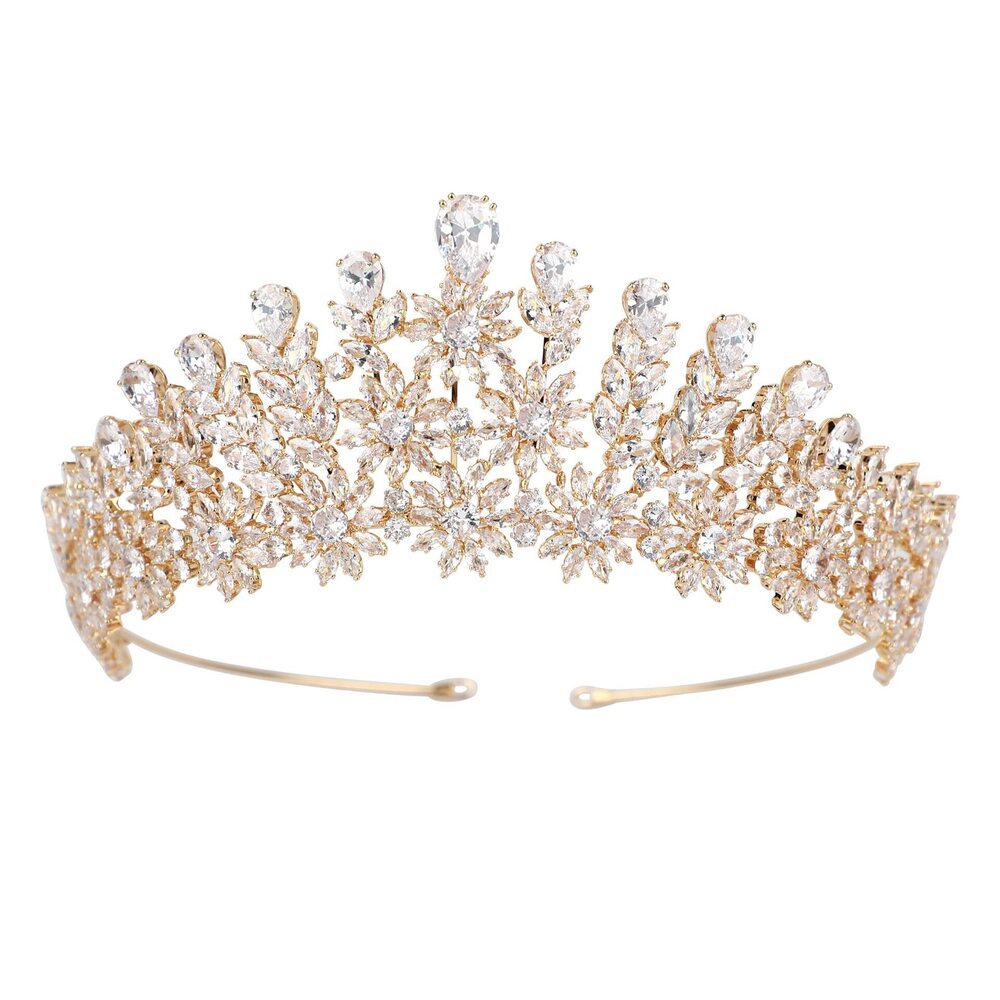 8394 Luxury Gold Bridal Tiara CZ Prom Pageant Homecoming Quinceanera Crown
